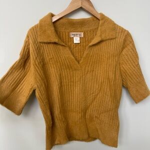 Bailey/44 | Mustard Gold Fuzzy Ribbed Collared Short Sleeve Sweater Top Hipster